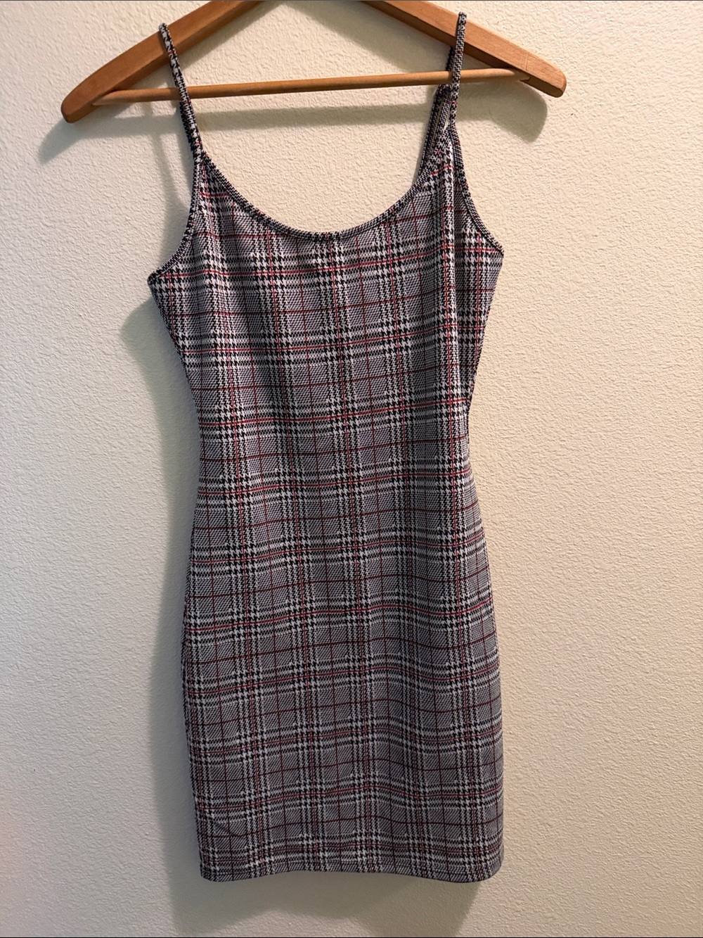 Bear Dance Black & White Plaid Spaghetti Strap Mini Dress with Red Lines